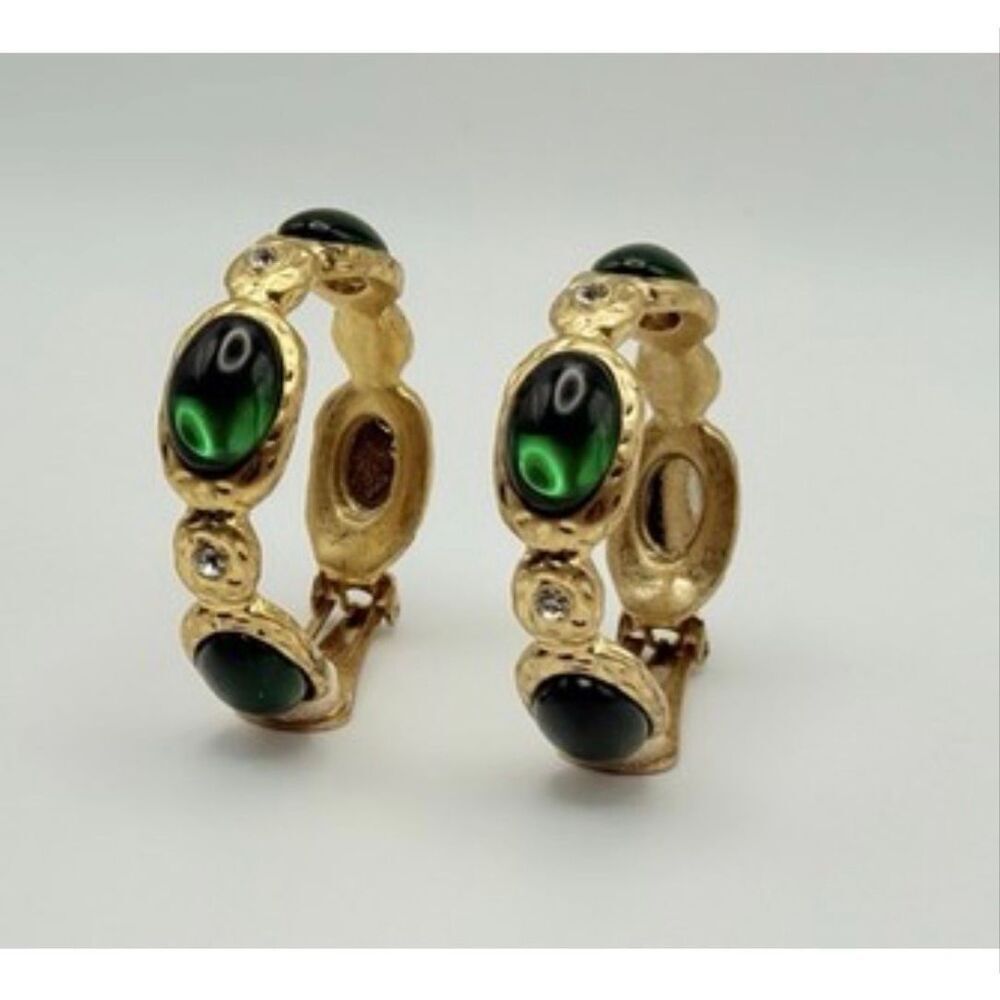 Kenneth Jay Lane vintage gold-tone clip hoop earrings faux emerald cabochons New